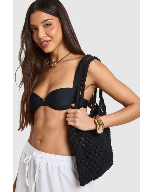 Boohoo Black Braided Handle Crochet Beach Bag