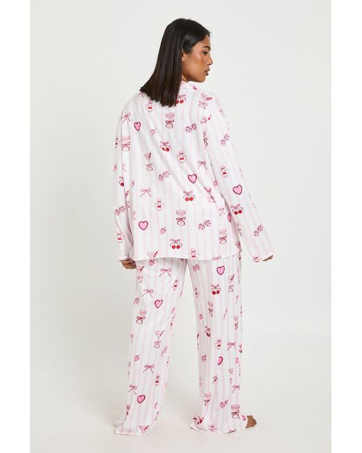 Boohoo Pink Plus Valentines Stripe Cocktails And Cherries Print Long Sleeve Shirt & Trouser Pyjama Set