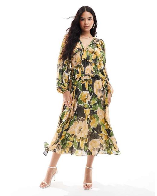 ASOS Yellow Plunge Neck Midi Dress With Ruffles