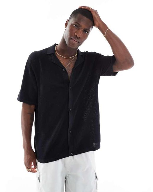 Jack & Jones Black Oversized Button Through Knitted Polo for men