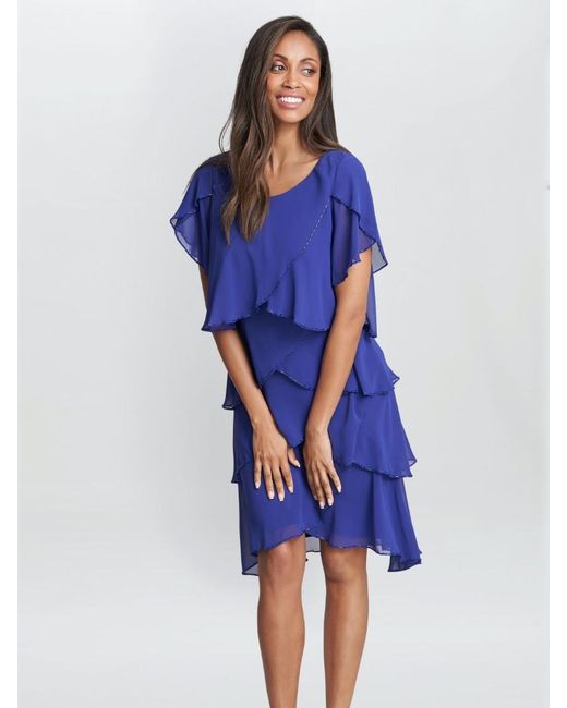Gina Bacconi Blue Trysta Bugle Beaded Trim Tiered Dress
