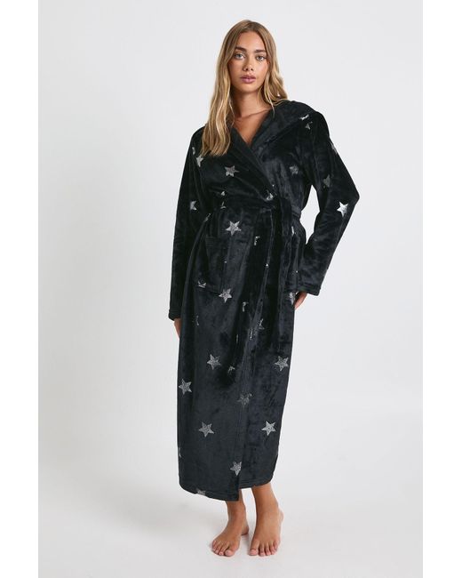 Boohoo Star Print Fleece Hooded Long Bathrobe/Robe in Black Lyst UK