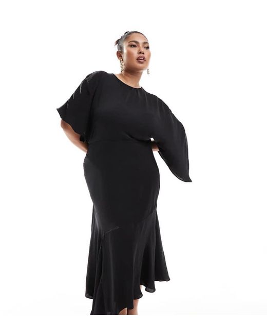 ASOS Black Design Satin Flutter Sleeve Asymmetric Hem Midi Dress