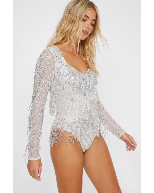 Nasty Gal White Tassel Beaded Fringe Bodysuit