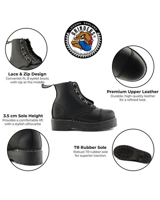Grinders Black Leather Ankle Casual Zip Boots