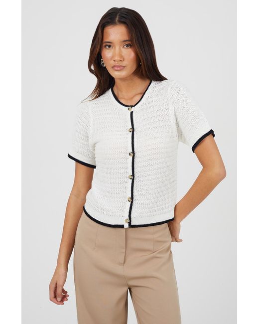 Brave Soul White Stitch Detail Short Sleeve Crew Neck Cardigan