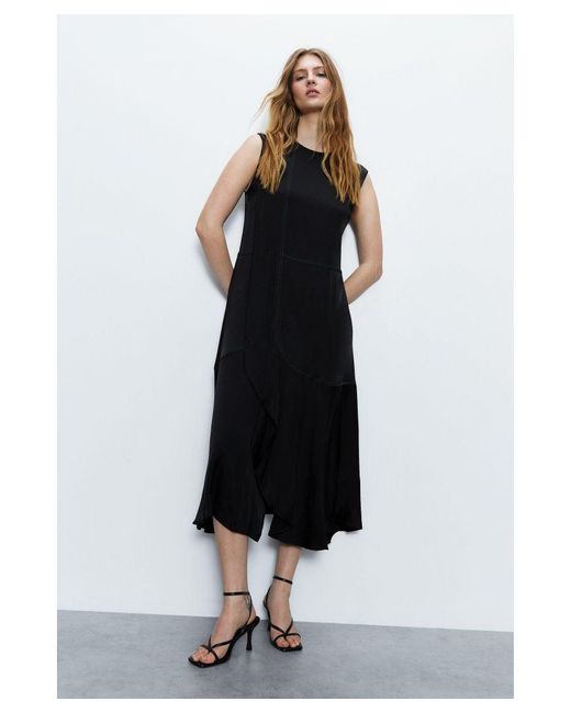 Warehouse Black Premium Satin Sleeveless Midi Dress With Frill
