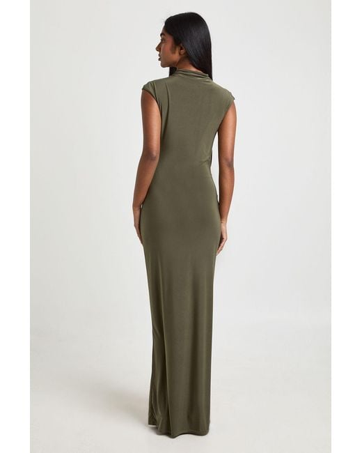 Boohoo Green Double Layer Slinky Side Wrap Detail Maxi Dress