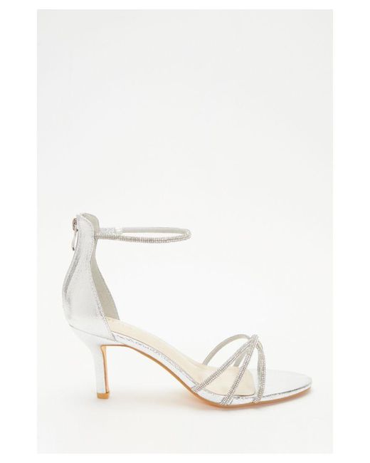 PixieGirl Silver Diamante Ankle Strap High Block Heels In Standard Fit |  PixieGirl