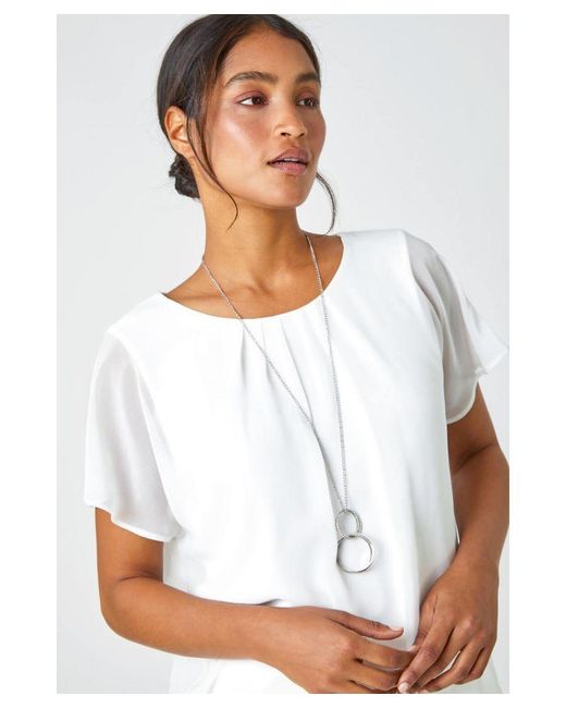 Roman White Chiffon Jersey Blouson Top With Necklace