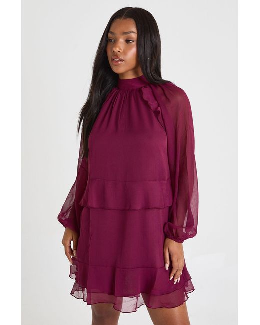 Boohoo Red Chiffon Ruffle Smock Dress