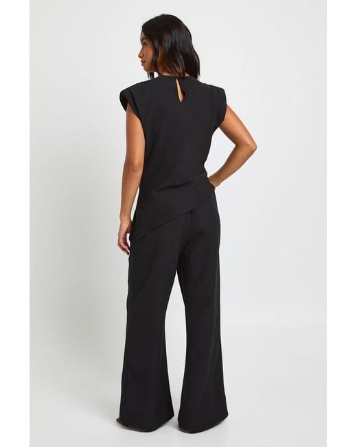 Boohoo Blue Petite Asymmetric Shoulder Pad Top & Straight Leg Trouser Co-Ord