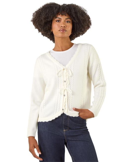 Roman White Bow Front Buttoned Knit Cardigan