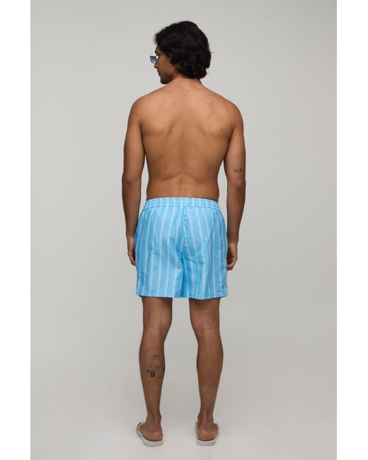 BoohooMAN Blue Stripe Mid Length Swim Short for men