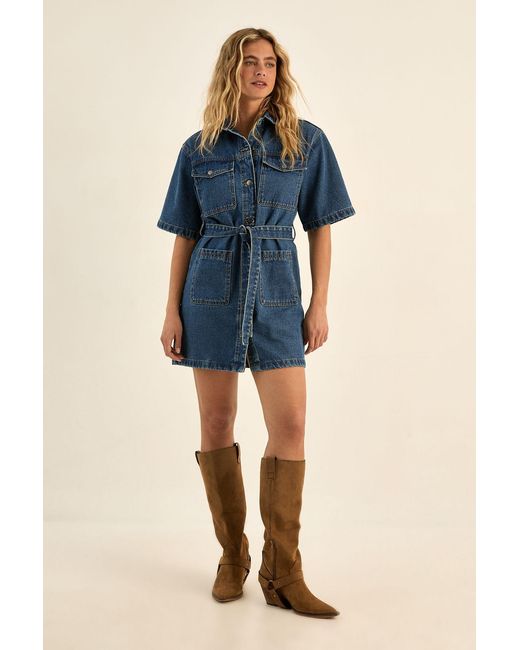 Nasty Gal Blue The Utility Denim Short Sleeve Belted Shirt Dress