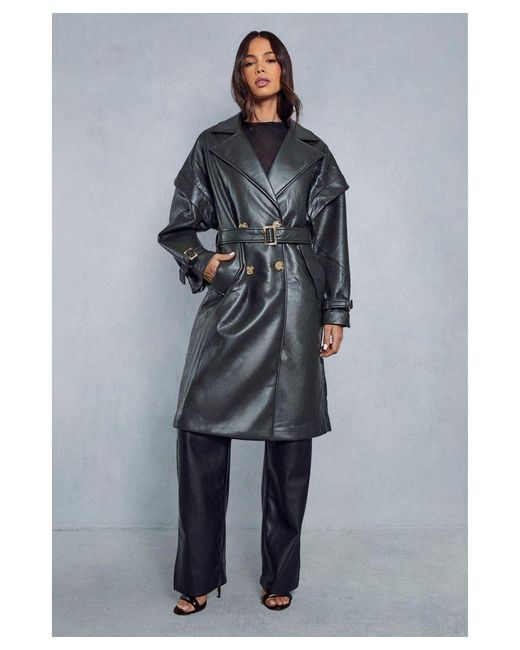 MissPap Blue Textured Leather Oversized Longline Trench Coat