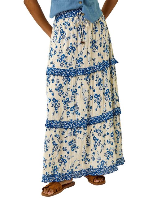 Roman Blue Floral Contrast Print A-Line Skirt