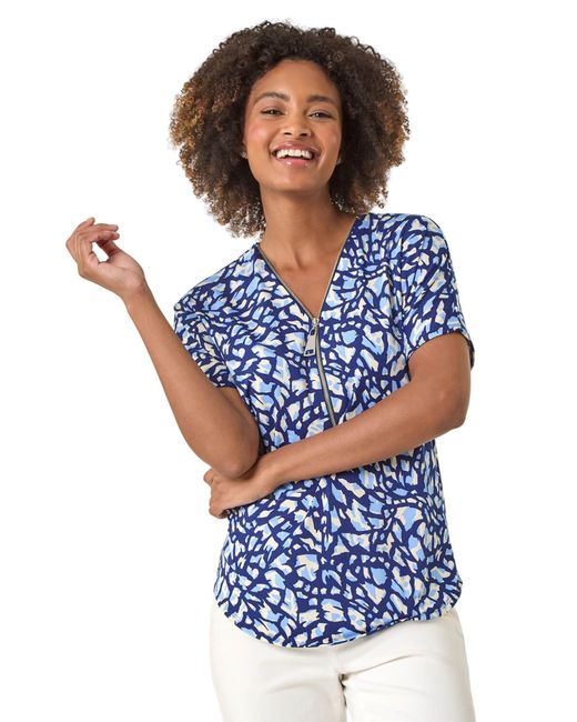 Roman Blue Abstract Print Zip Front Stretch Top