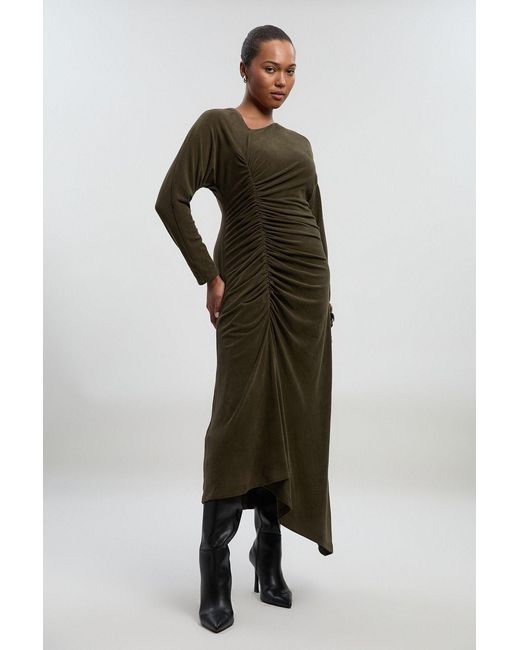 Karen Millen Green Plus Size Ruched Detail Brushed Textured Jersey Midi Dress
