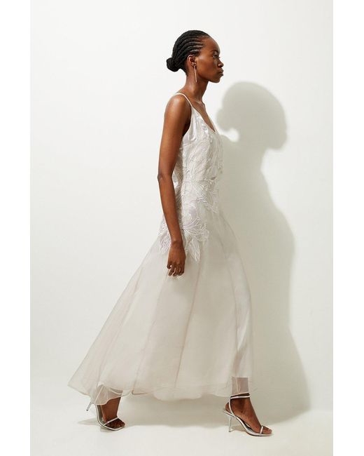 Karen Millen Natural Satin Applique Woven Maxi Dress