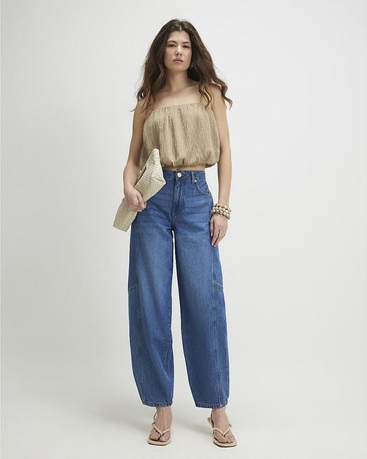 River Island Blue Barrel Jeans Mid Rise Leg Zip Cotton