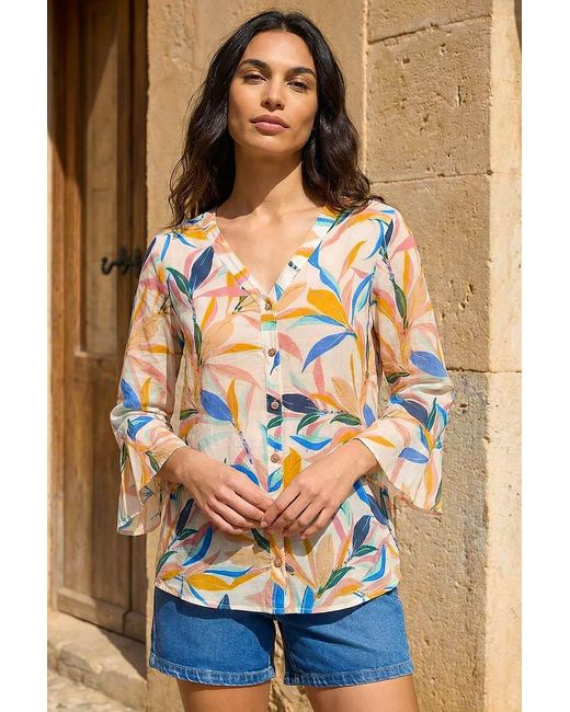 Roman Blue Leaf Print Flare Sleeve Blouse