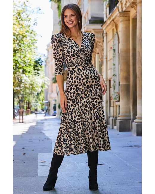 Sosandar Brown Leopard Print Twist Front Ruched Sleeve Fit & Flare Jersey Dress