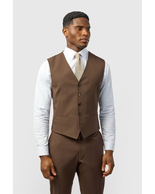 Limehaus Brown Single Breasted Five Button V-Neck Slim Fit Suit Waistcoat for men