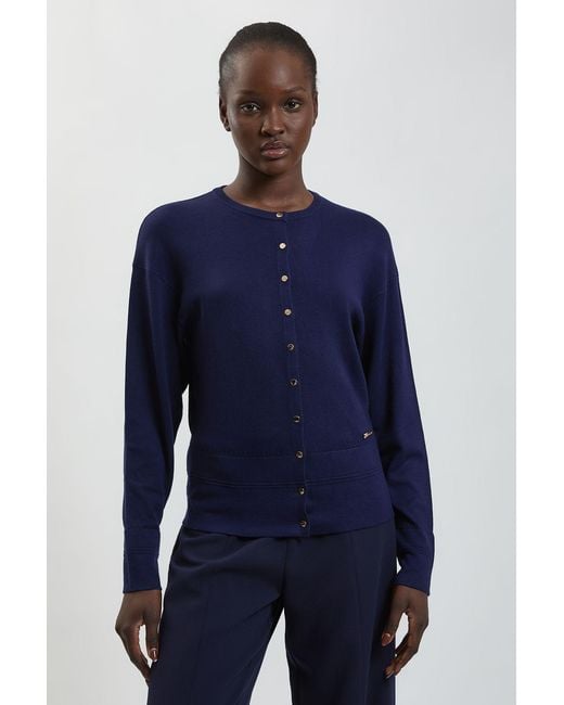 Karen Millen Blue Forever Viscose Blend Knitted Stitch Detail Balloon Sleeve Cardigan