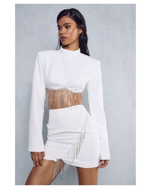 MissPap White Diamante Fringed Mini Skirt