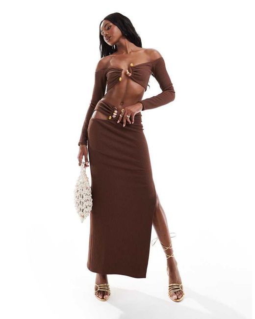 ASOS Brown Co-Ord Trim Detail Bardot Crop Top