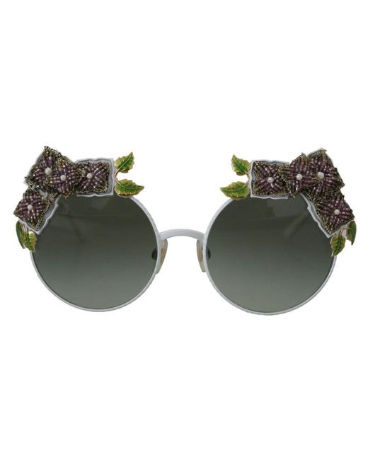 Dolce & Gabbana Green Floral Embellished Metal Frame Round Sunglasses