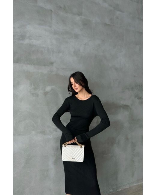 Hiccup Black Knitted Round Neck Long Sleeve Midi Bodycon Dress
