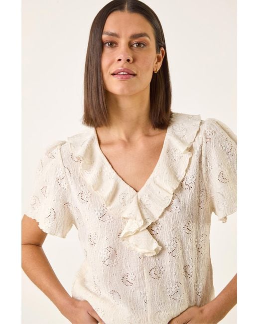 Roman Natural Textured Frill V-Neck Top