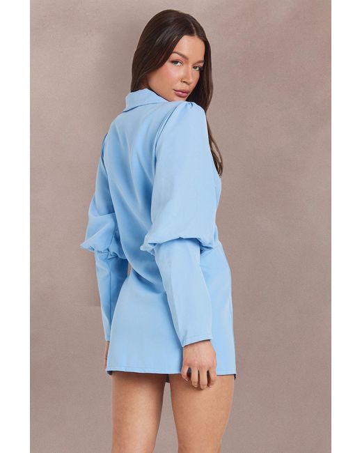 Boohoo Blue Volume Sleeve Tie Waist Blazer Dress