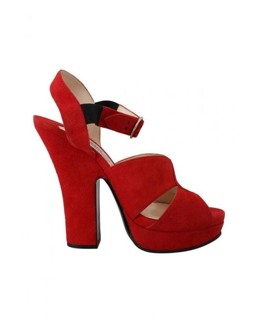 Prada Red Suede Leather Sandals Ankle Strap Heels Shoes