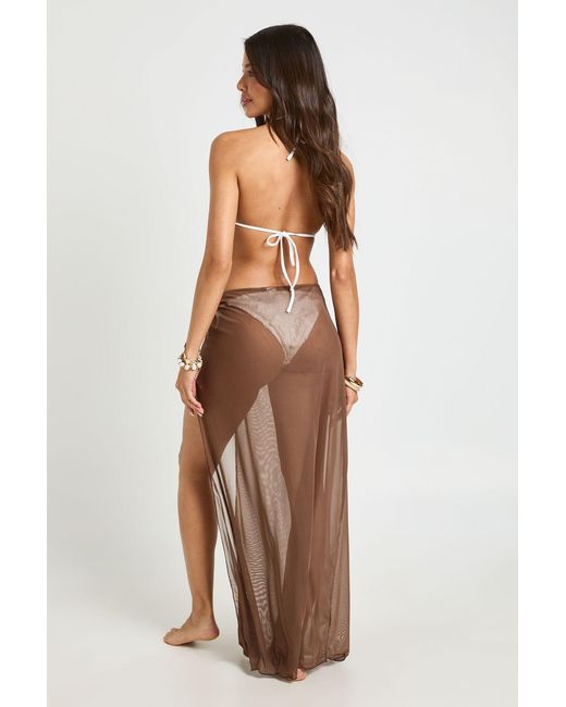 Boohoo Brown Tortoise Shell Trim Detail Split Sheer Mesh Maxi Skirt