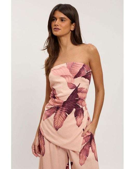 Karen Millen Pink Petite Viscose Linen Palm Print Bandeau Top