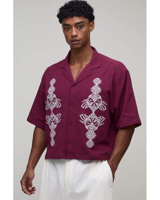 BoohooMAN Purple Boxy Crop Textured Revere Embroidered Shirt for men