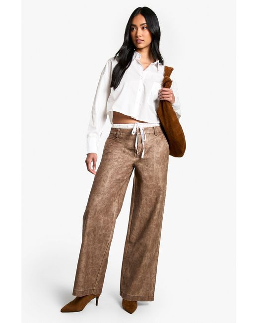 Boohoo Brown Boxer Waistband Washed Pu Straight Leg Trouser