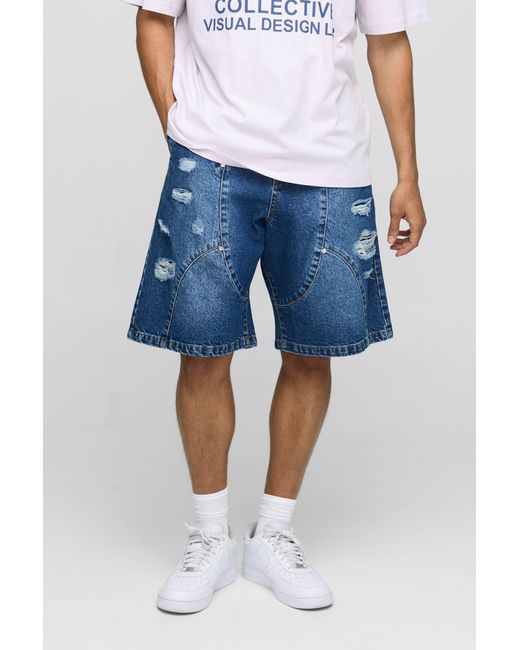 BoohooMAN Blue Parachute Ripped Paneled Washed Jean Shorts for men