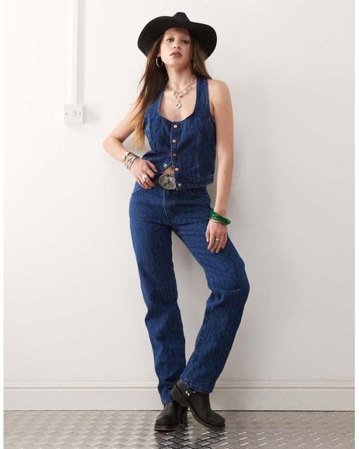 Wrangler Blue Co-Ord Sunset Mom Fit Jeans With All Over Print