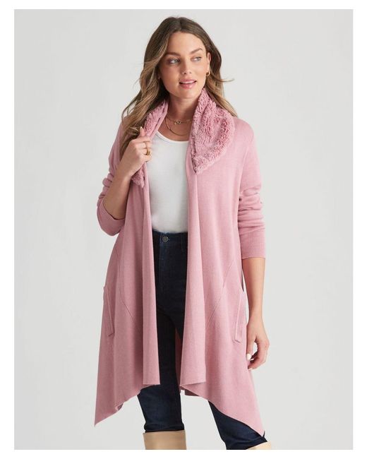 Rockmans Pink Long Sleeve Removable Fur Trim Cardigan