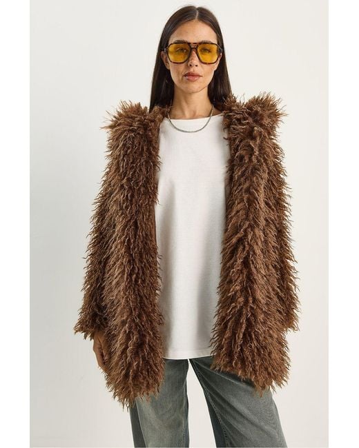 Bianco Lucci Brown Oversize Hooded Faux Fur Jacket