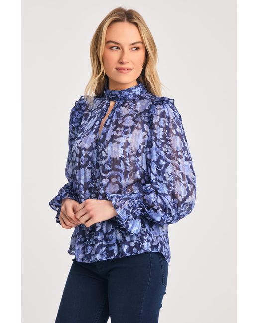 French Connection Blue High Neck Long Sleeve Floral Frill Keyhole Blouse