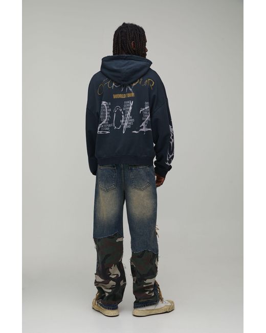 BoohooMAN Black Washed Camo Rip & Repair Relaxed Fit Jeans for men