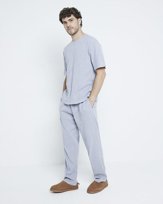 River Island White Pyjamas Set Waffle T-Shirt And Trousers Cotton for men