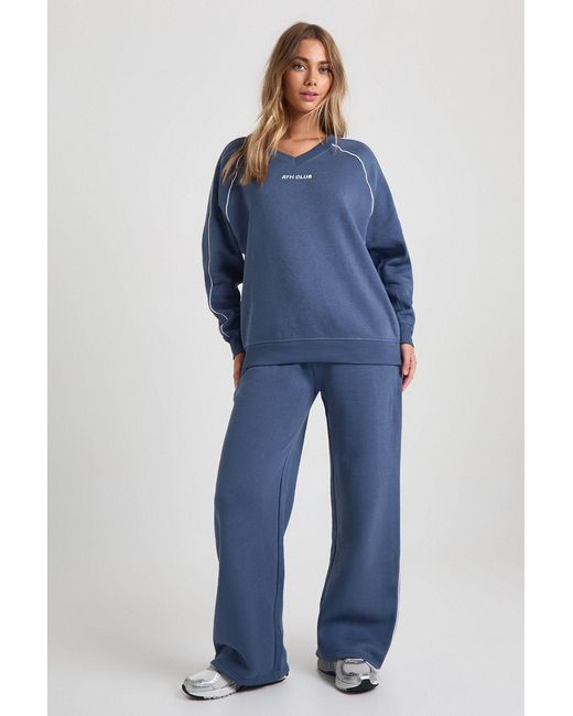 Boohoo Blue Ath Club Embroidered V Neck Piping Sweatshirt Tracksuit