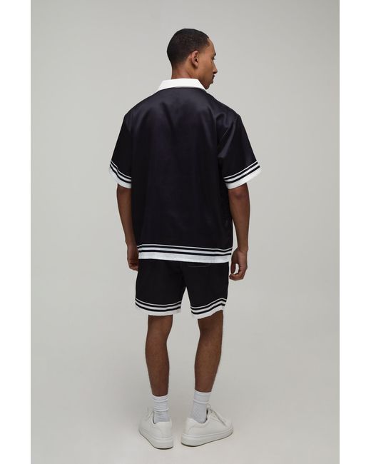 BoohooMAN Blue Oversized Short Sleeve Double Boarder Print Satin Shirt & Set for men
