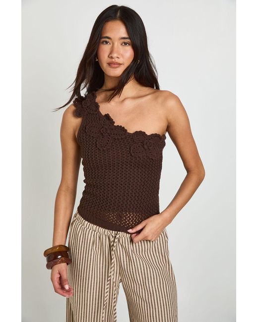 Boohoo Brown Crochet Floral Corsage One Shoulder Top